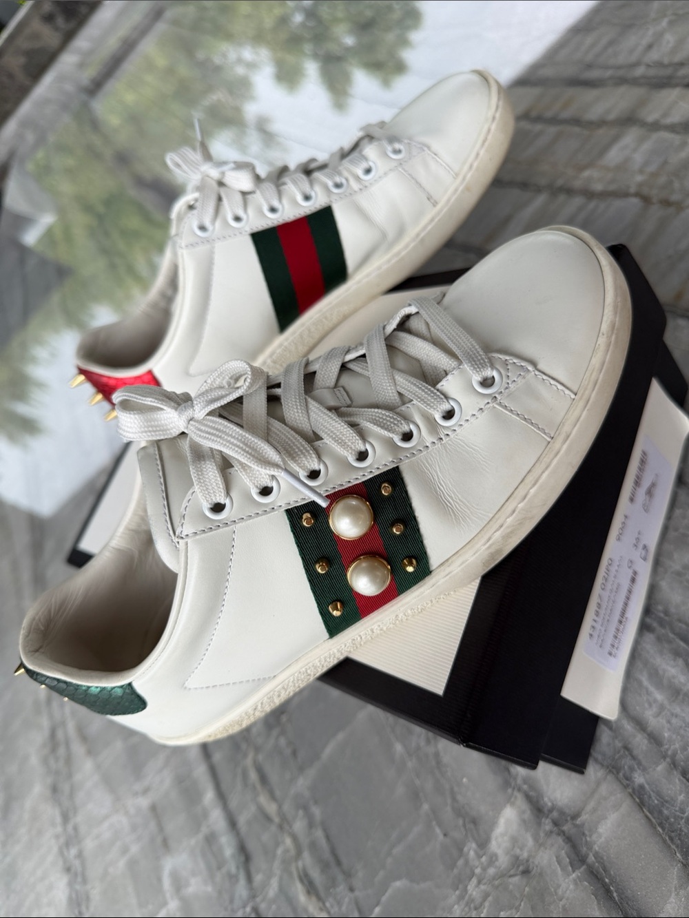 Gucci White Leather Sneakers with Green-Red Web & Pearl Studs